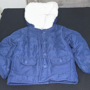 First Impressions Navy Blue Puffer Jacket with White Hood